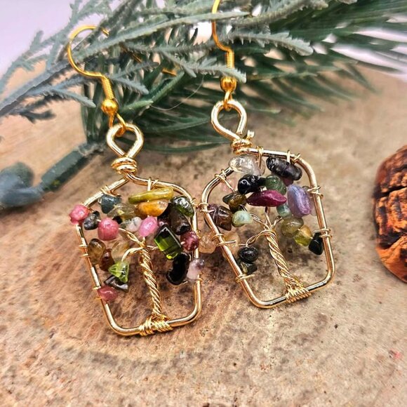 Nature Mixed Tourmaline Chips Crystal Tree Earring - Picture 7 of 10